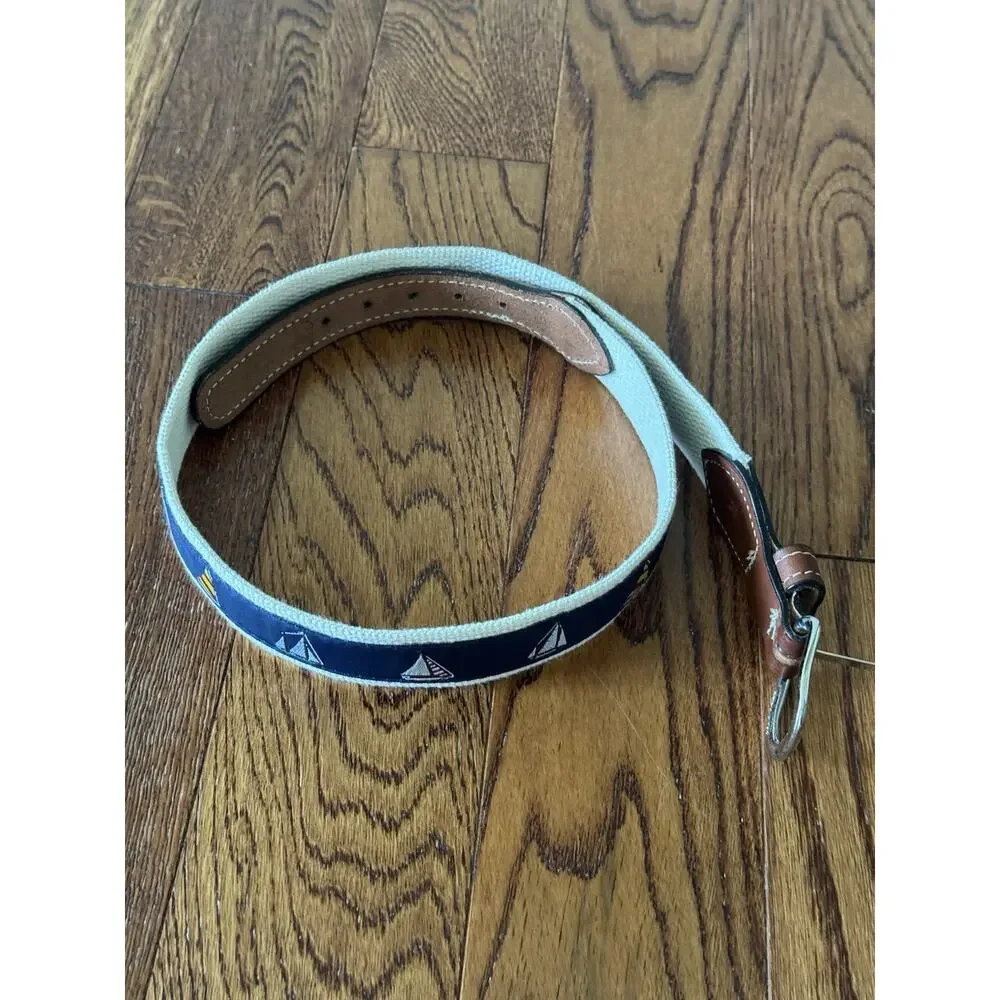 Sailboats Nautical Leather Tip Belt Mens 30 Khaki Web Brass Buckle Embroidered